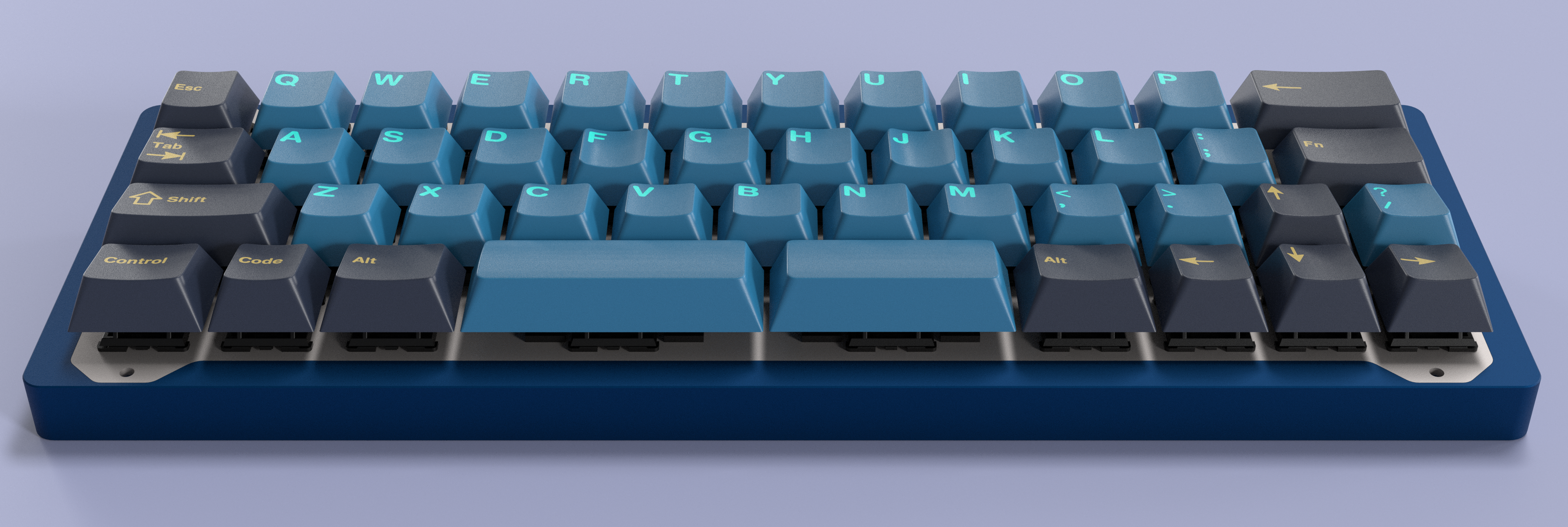 Render of a cerulean blue Barca with GMK Nautilus keycaps