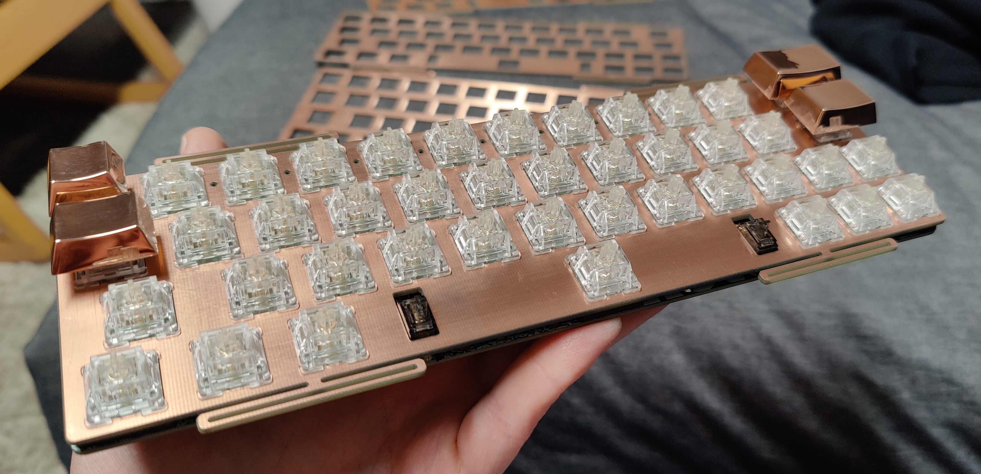 FR4 leafspring plate for Carpool with exposed copper fill and custom copper keycaps