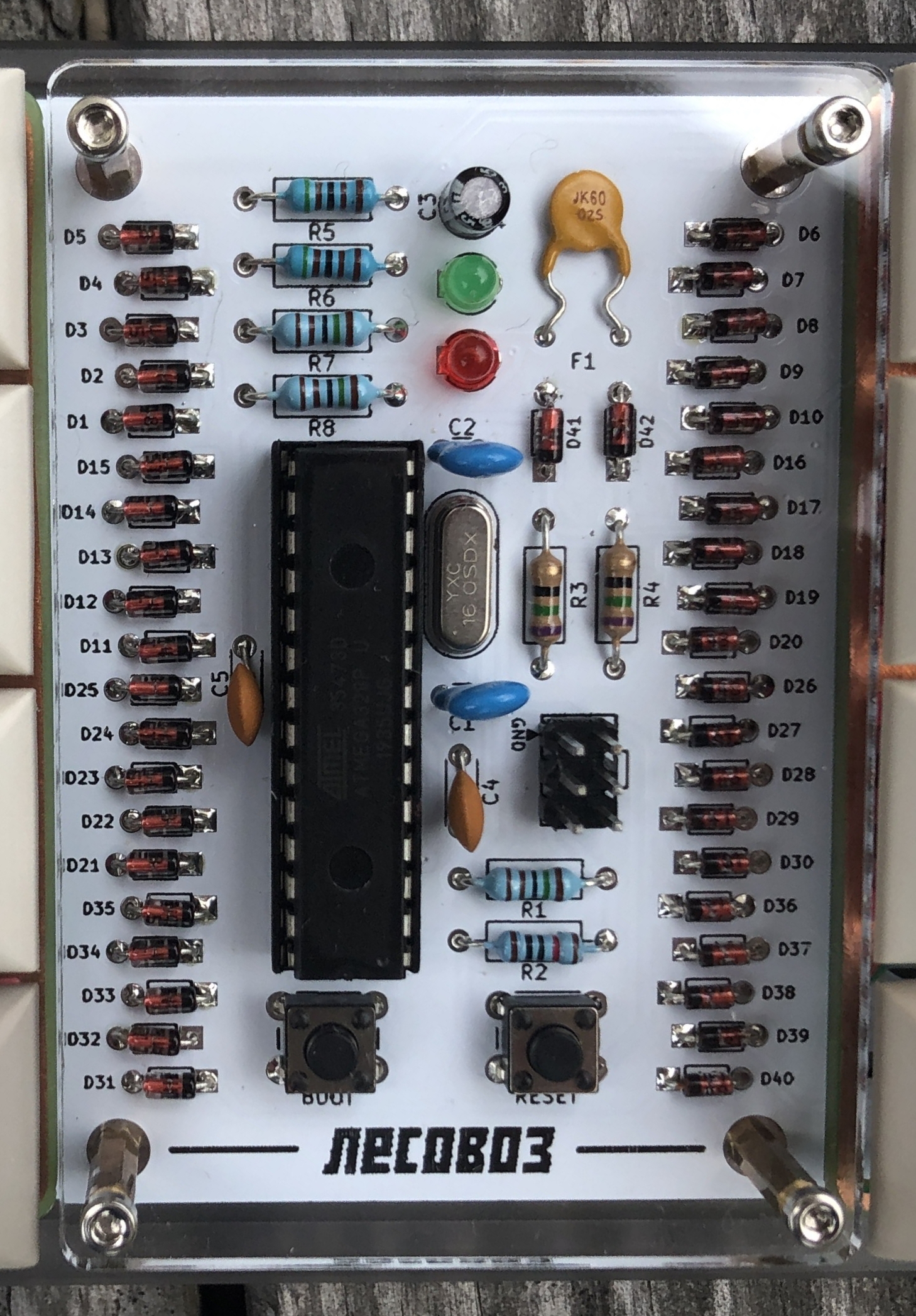 Closeup of the through-hole components in the middle of the board