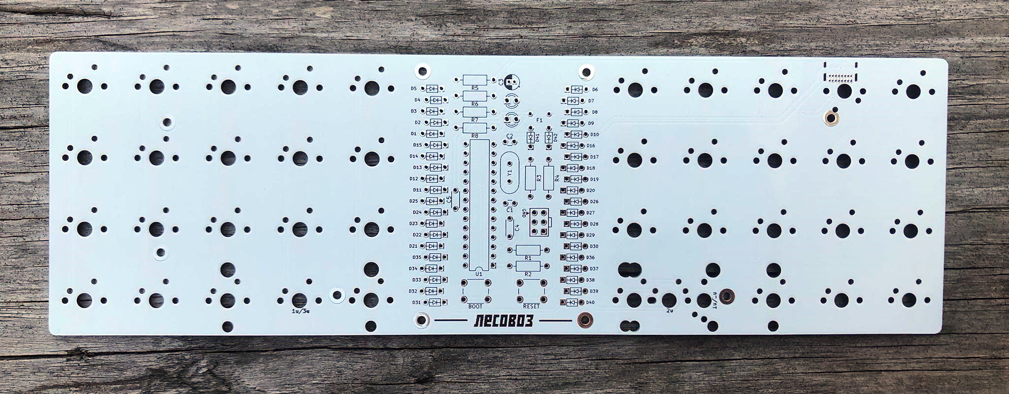 Front of a white rev1.2 Lesovoz PCB