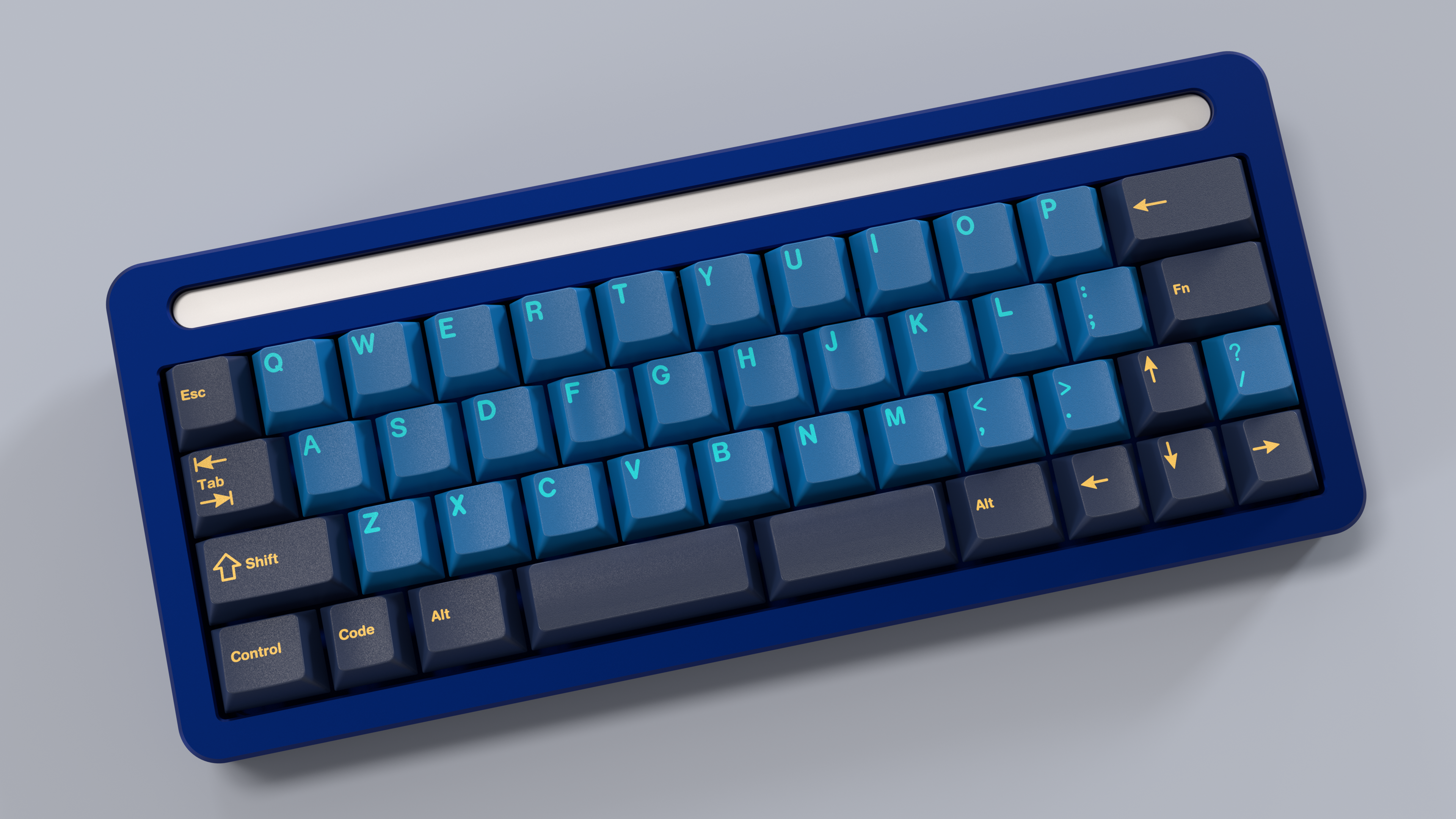 Render of a blue Pomelo R1 with GMK Nautilus keycaps