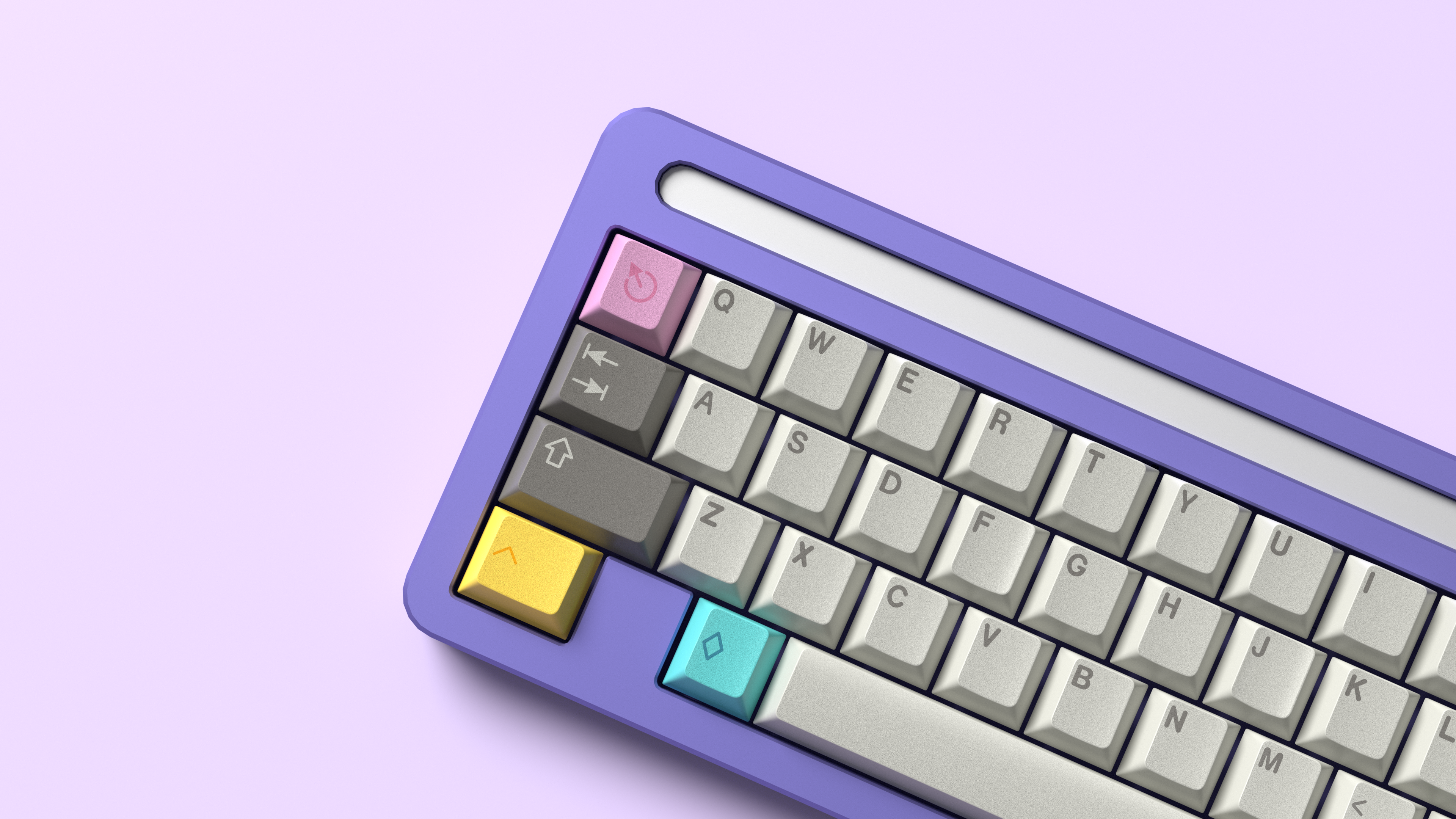 Render of a lilac WKL Pomelo R1 with GMK Paperwork keycaps