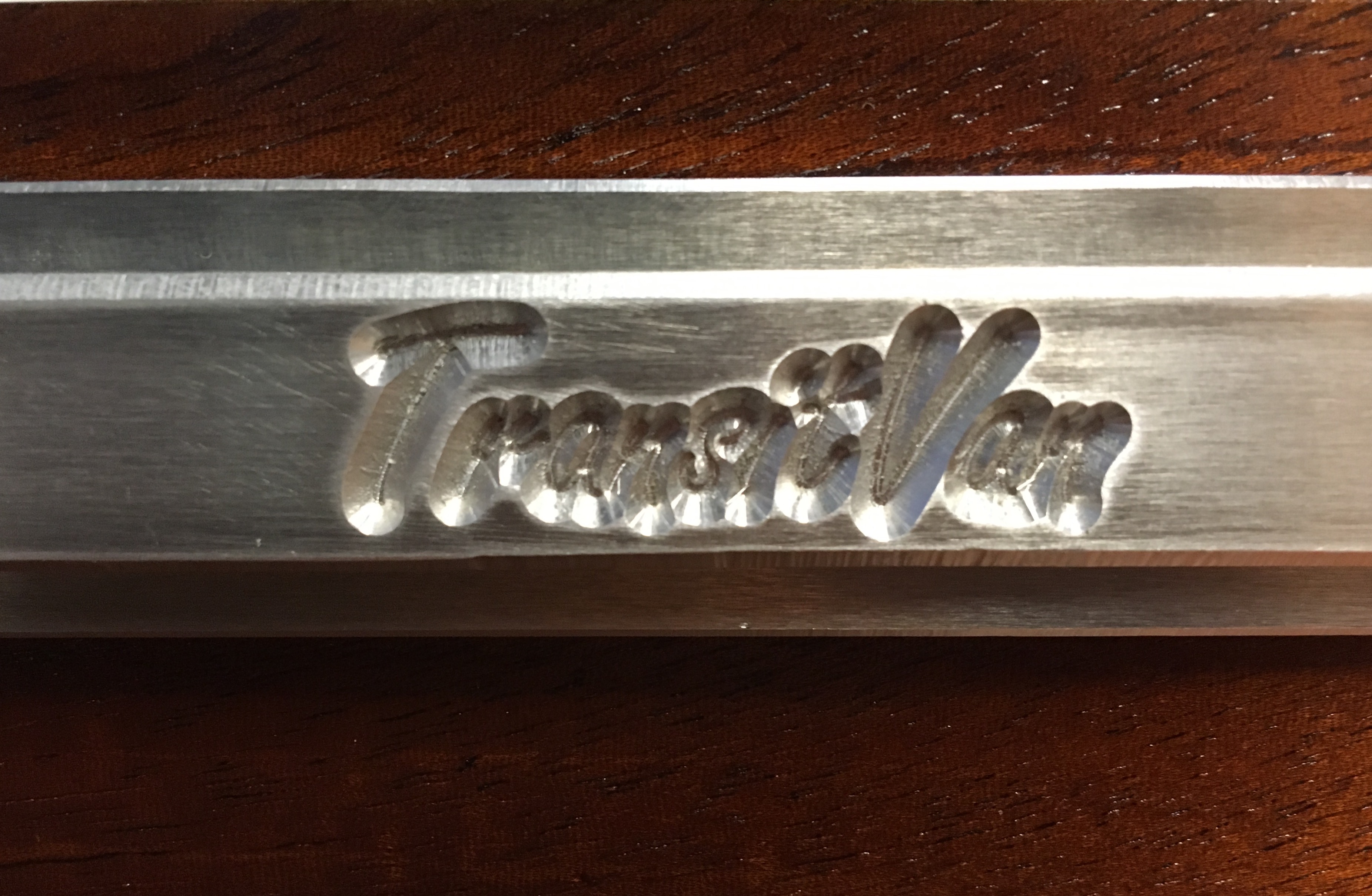Closeup of the TransitVan engraving on the case foot
