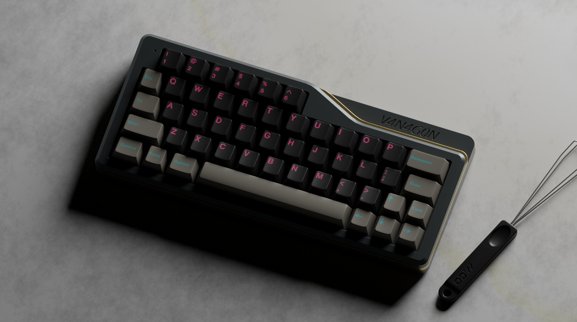 Render of a charcoal V4N4G0N R4 with GMK 80s Kid keycaps