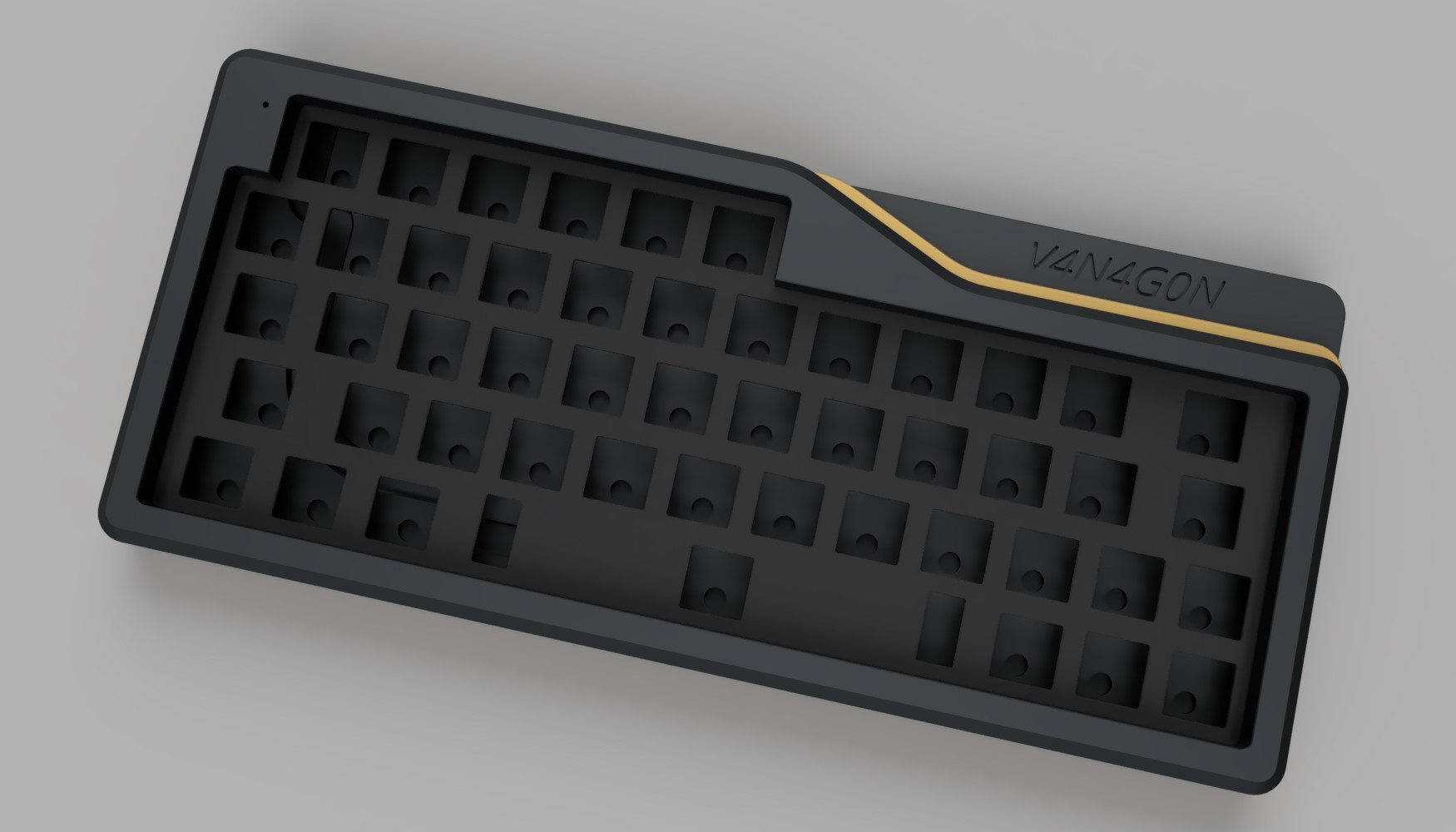 Render of a charcoal V4N4G0N R4 case showing per-switch cutouts