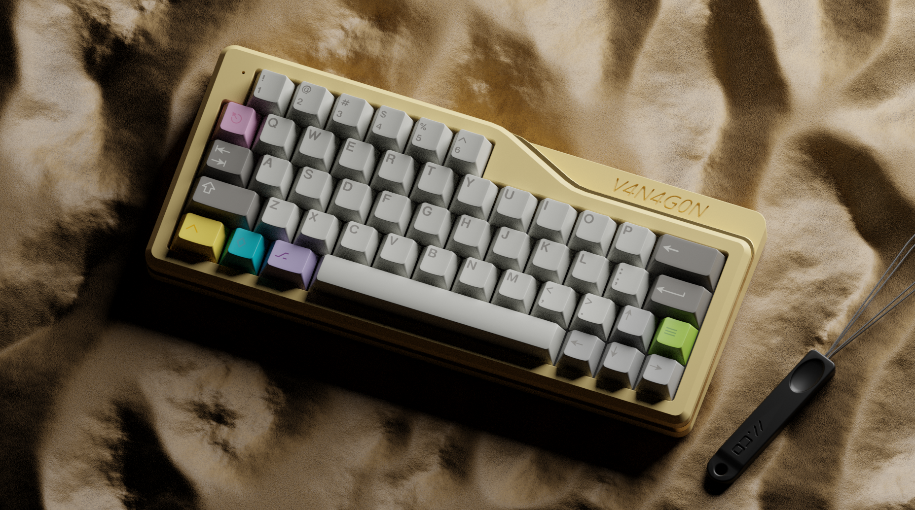 Render of a sand V4N4G0N R4 case with GMK Paperwork keycaps