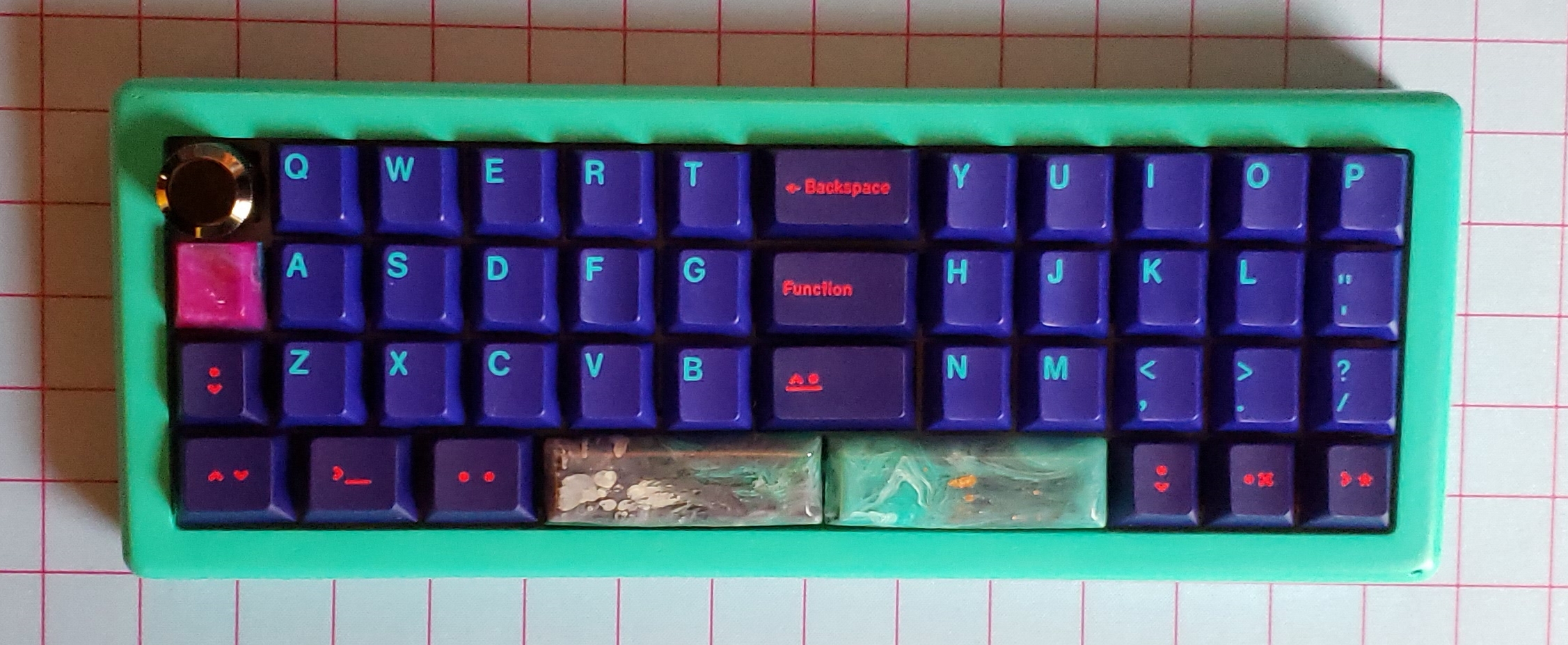 Wanten in a 3D printed case with GMK Laser keycaps, artisan 3u spacebars, and an encoder knob
